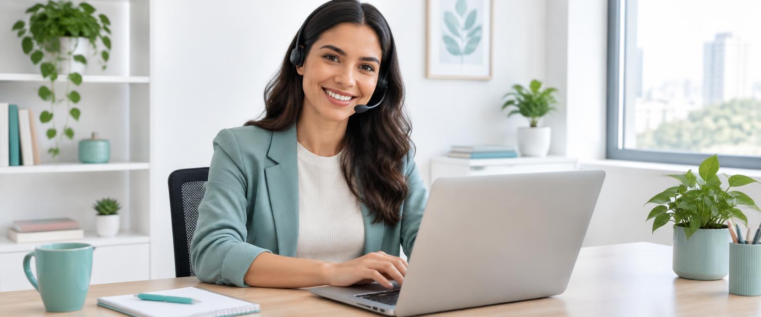 Profissional de atendimento ao cliente usando computador e headset